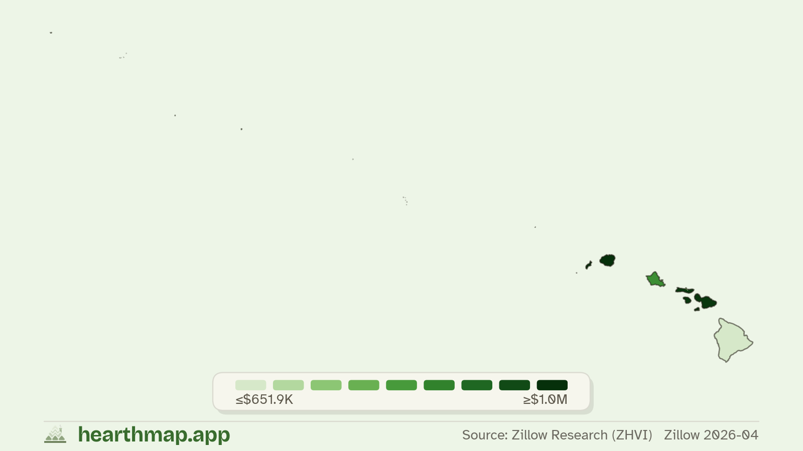 Choropleth map of median home price by county in Hawaii (Zillow 2026-06), by hearthmap