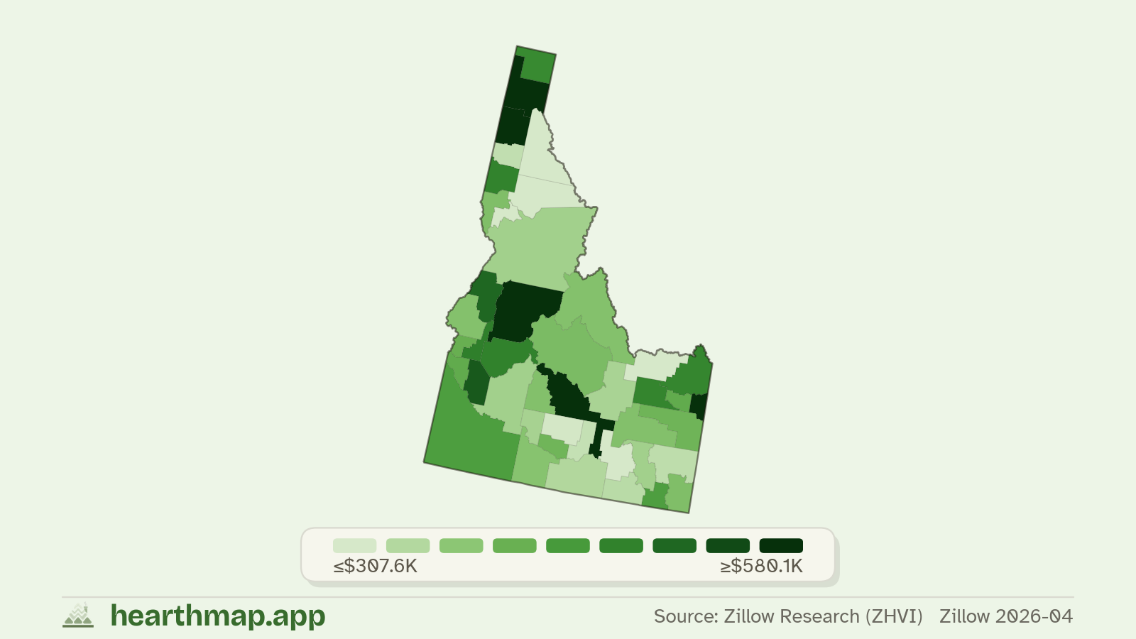 Choropleth map of median home price by county in Idaho (Zillow 2026-06), by hearthmap