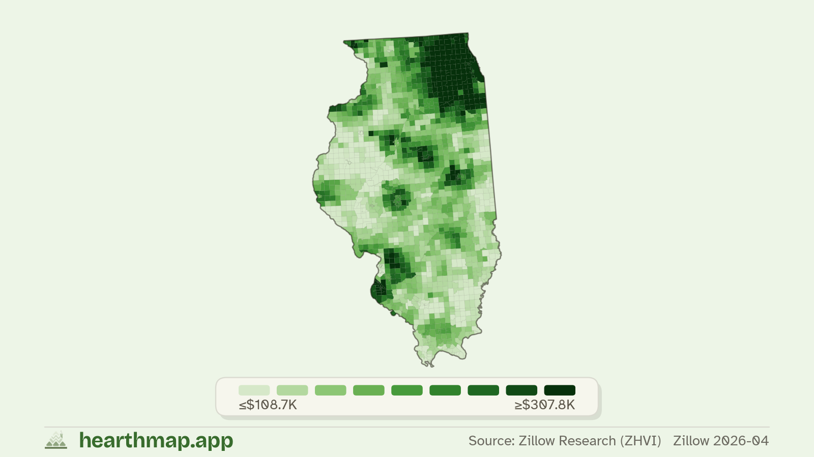 Choropleth map of median home price by town in Illinois (Zillow 2026-06), by hearthmap