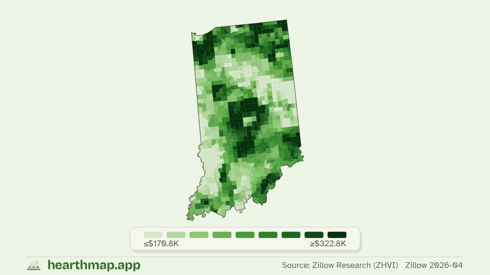 Choropleth map of median home price by town in Indiana (Zillow 2026-06), by hearthmap