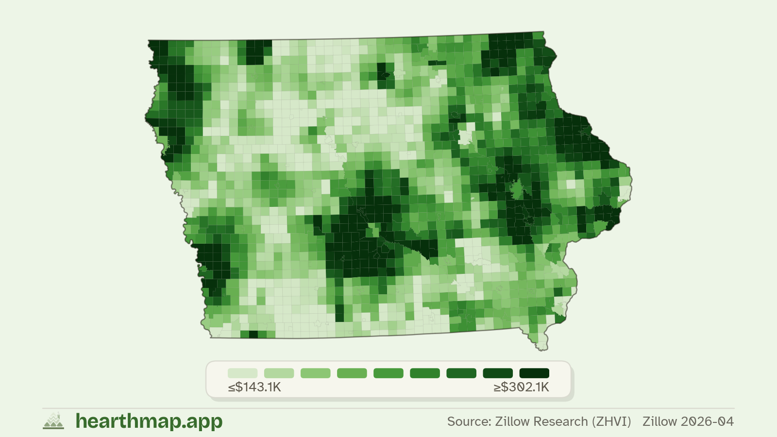 Choropleth map of median home price by town in Iowa (Zillow 2026-06), by hearthmap
