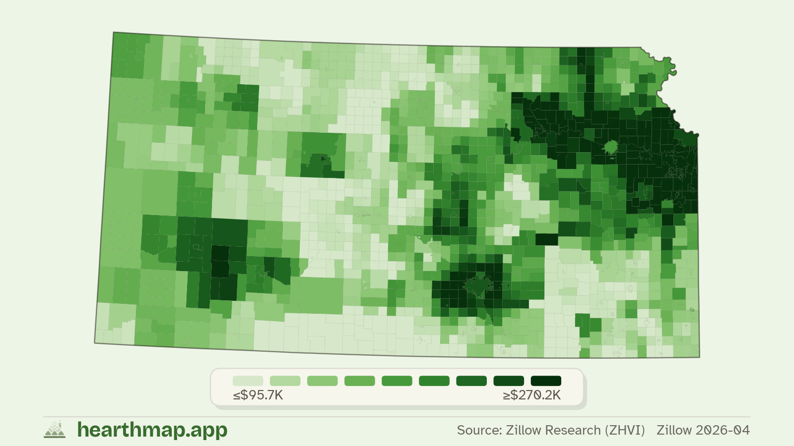 Choropleth map of median home price by town in Kansas (Zillow 2026-06), by hearthmap
