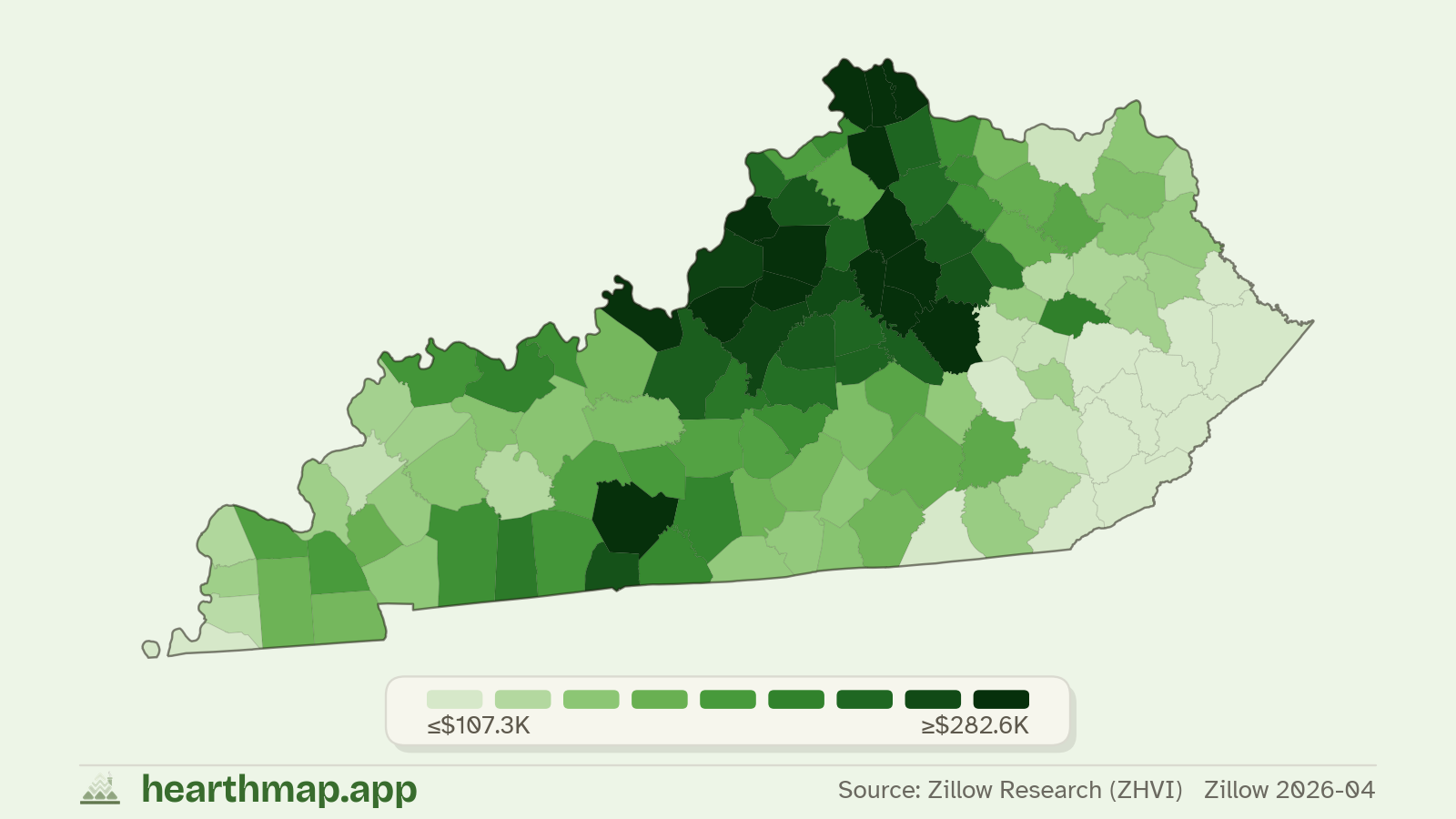Choropleth map of median home price by county in Kentucky (Zillow 2026-06), by hearthmap