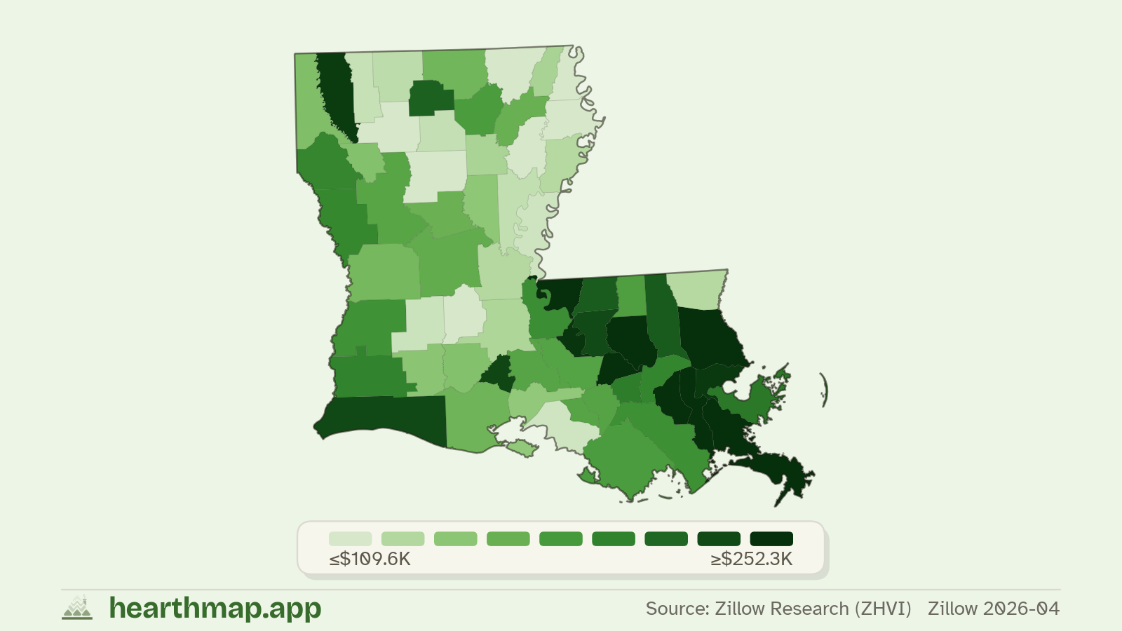 Choropleth map of median home price by county in Louisiana (Zillow 2026-06), by hearthmap