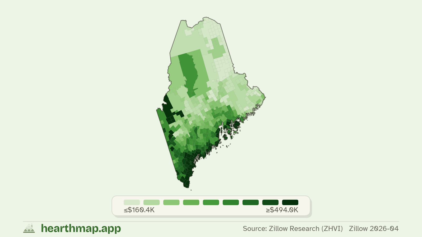 Choropleth map of median home price by town in Maine (Zillow 2026-06), by hearthmap