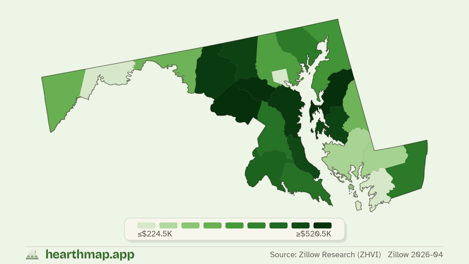 Choropleth map of median home price by county in Maryland (Zillow 2026-06), by hearthmap