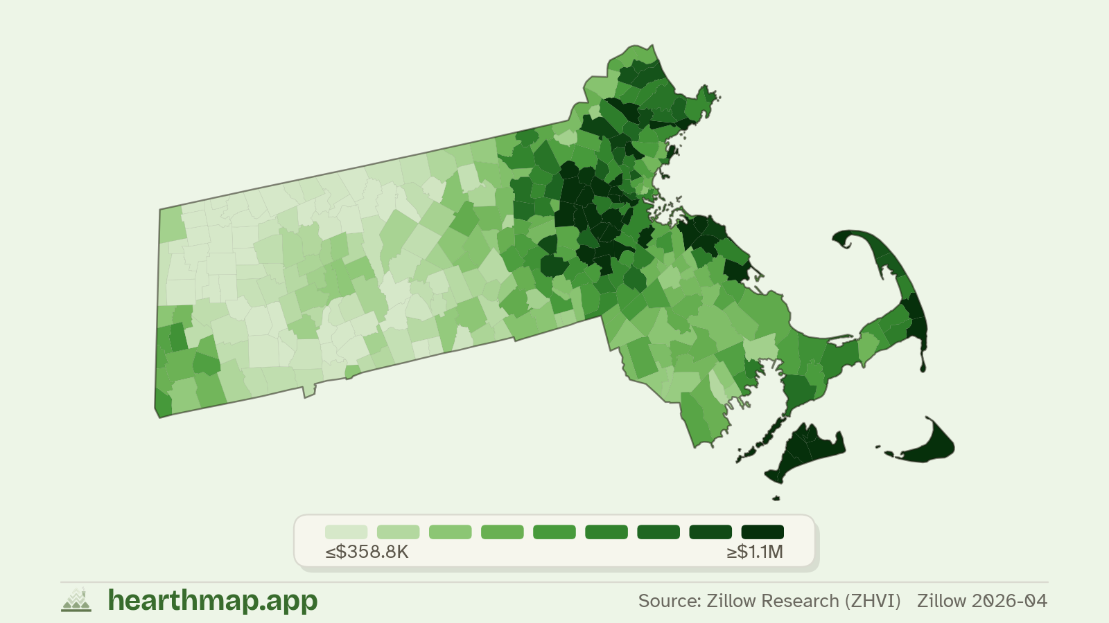 Choropleth map of median home price by town in Massachusetts (Zillow 2026-06), by hearthmap