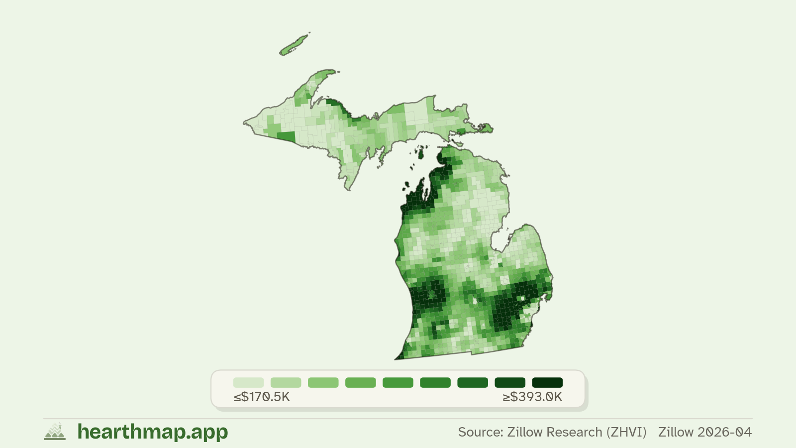 Choropleth map of median home price by town in Michigan (Zillow 2026-06), by hearthmap