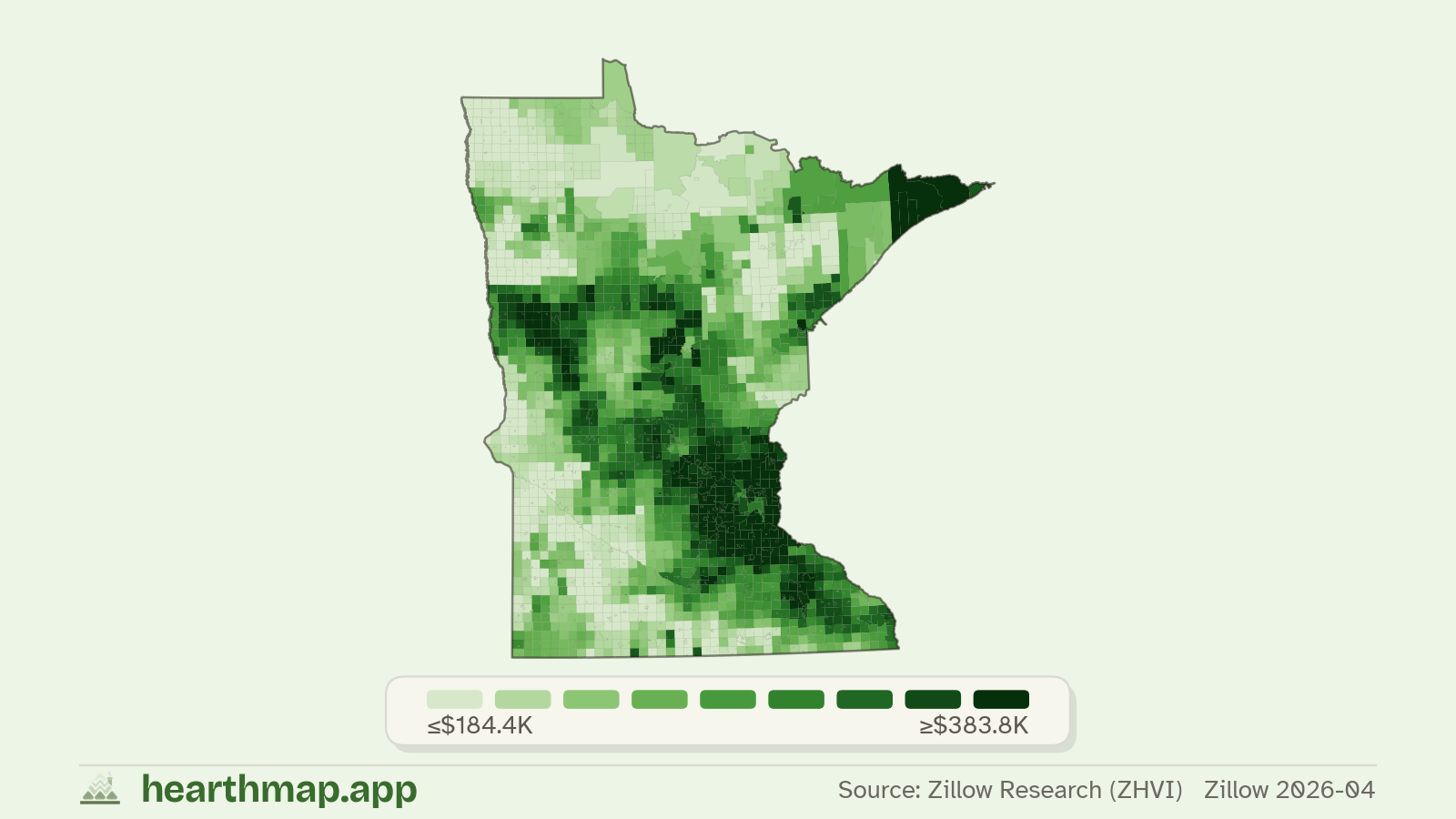 Choropleth map of median home price by town in Minnesota (Zillow 2026-06), by hearthmap