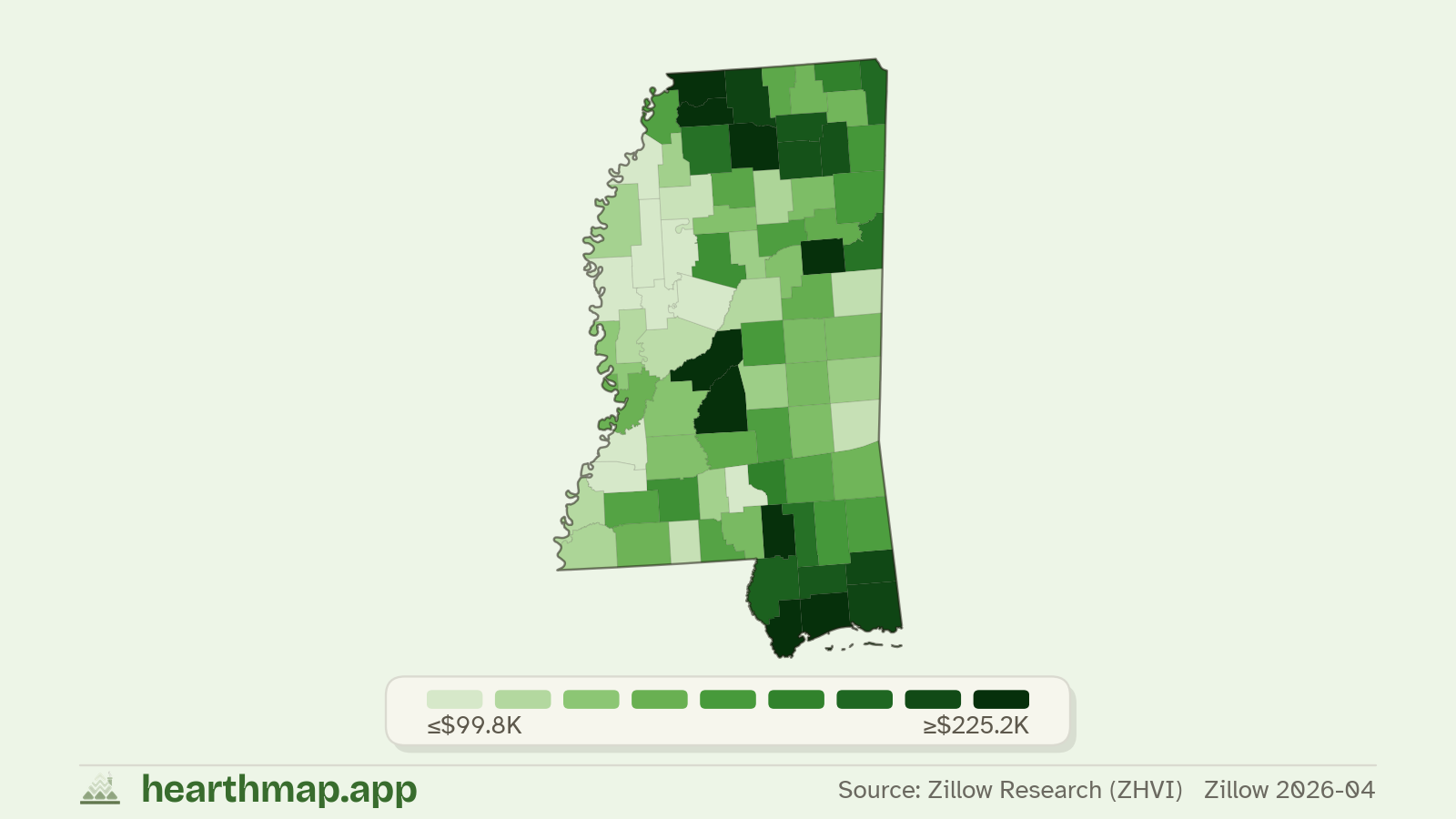 Choropleth map of median home price by county in Mississippi (Zillow 2026-06), by hearthmap