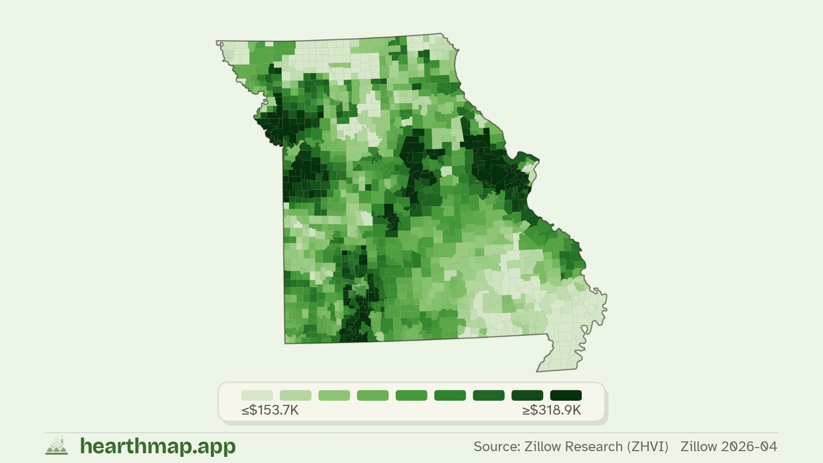 Choropleth map of median home price by town in Missouri (Zillow 2026-06), by hearthmap