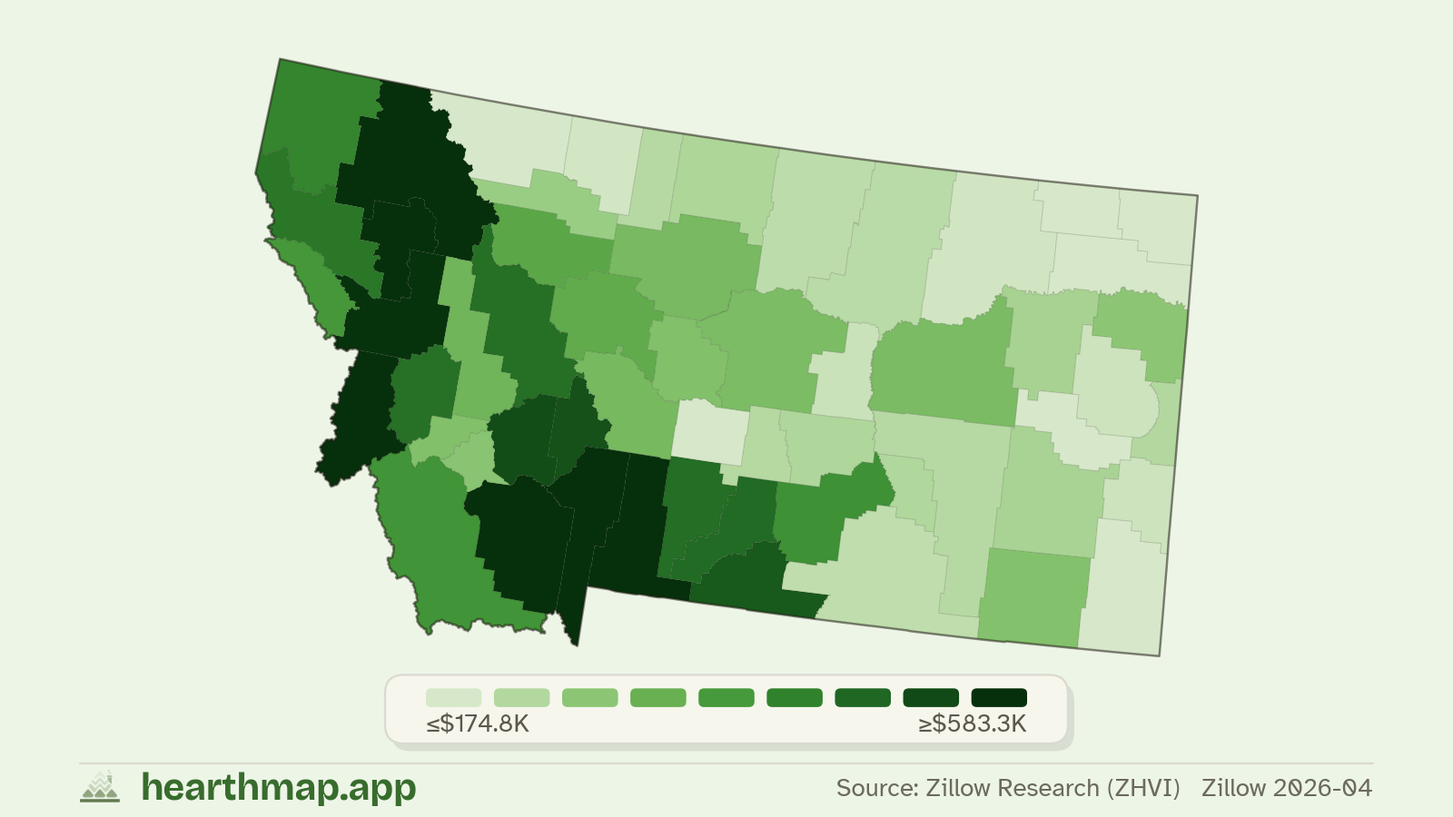 Choropleth map of median home price by county in Montana (Zillow 2026-06), by hearthmap