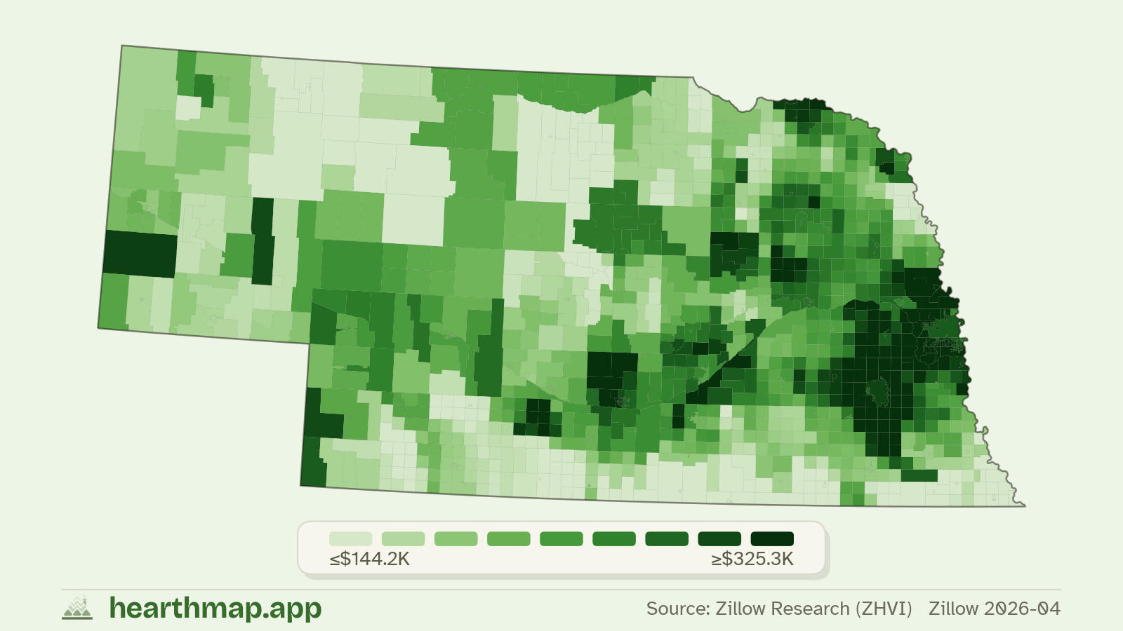 Choropleth map of median home price by town in Nebraska (Zillow 2026-06), by hearthmap