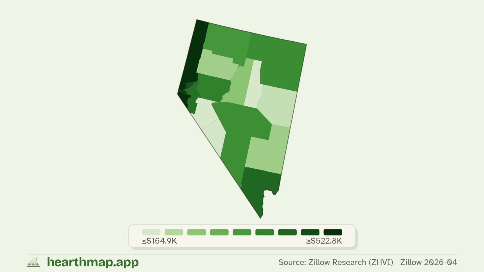 Choropleth map of median home price by county in Nevada (Zillow 2026-06), by hearthmap