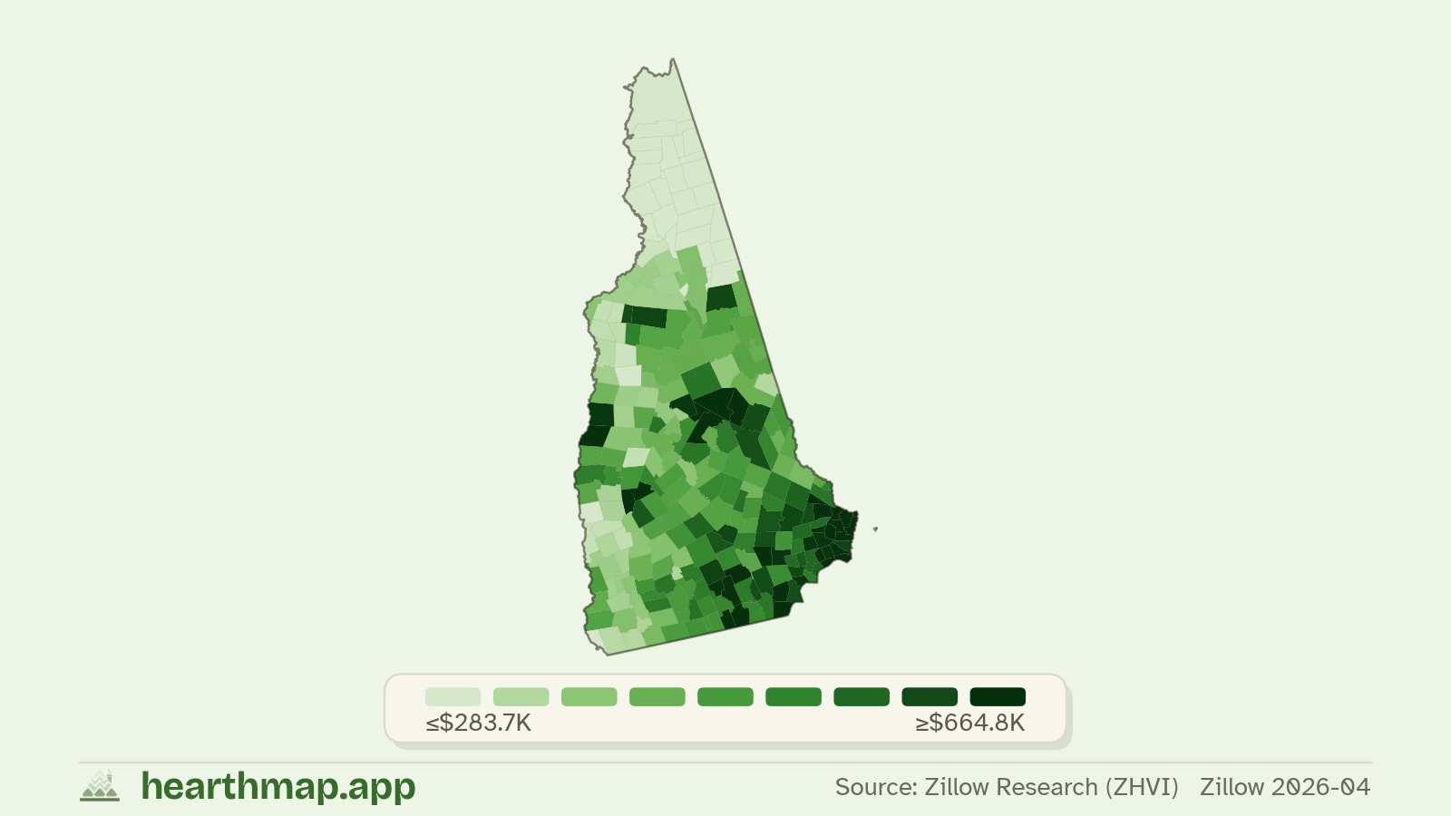 Choropleth map of median home price by town in New Hampshire (Zillow 2026-06), by hearthmap