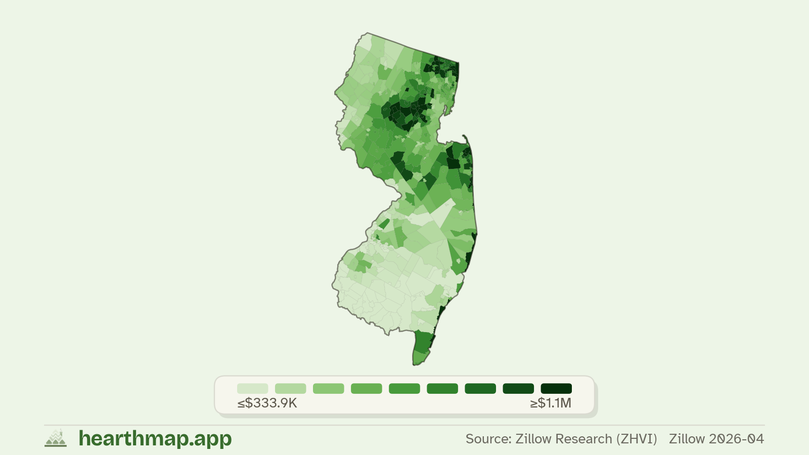 Choropleth map of median home price by town in New Jersey (Zillow 2026-06), by hearthmap
