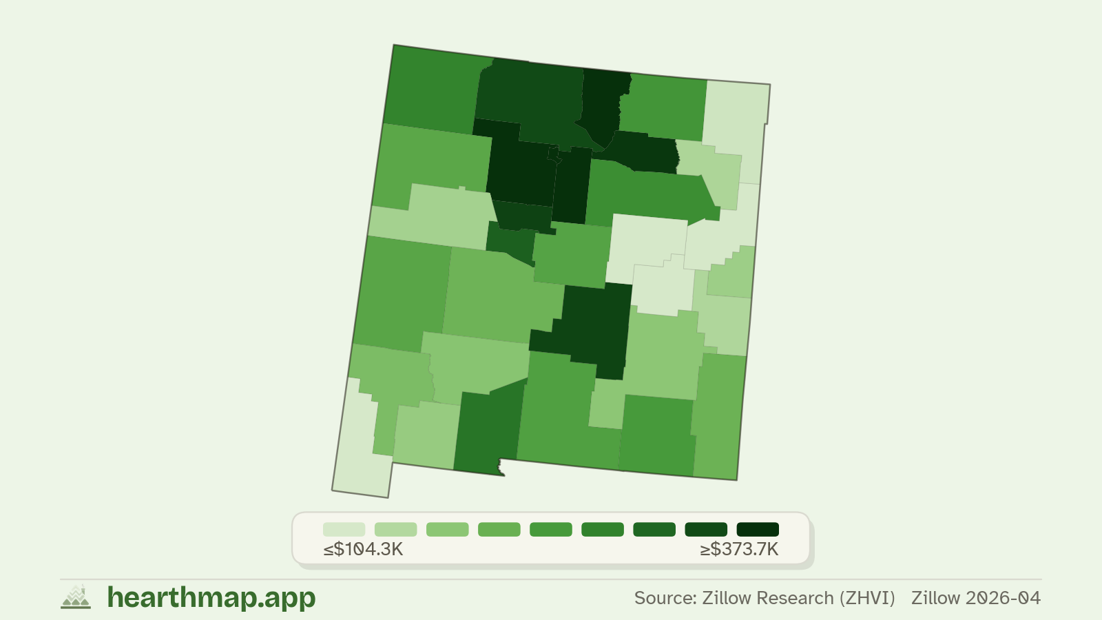 Choropleth map of median home price by county in New Mexico (Zillow 2026-06), by hearthmap
