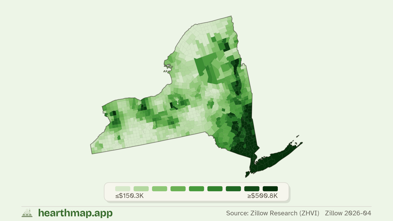Choropleth map of median home price by town in New York (Zillow 2026-06), by hearthmap