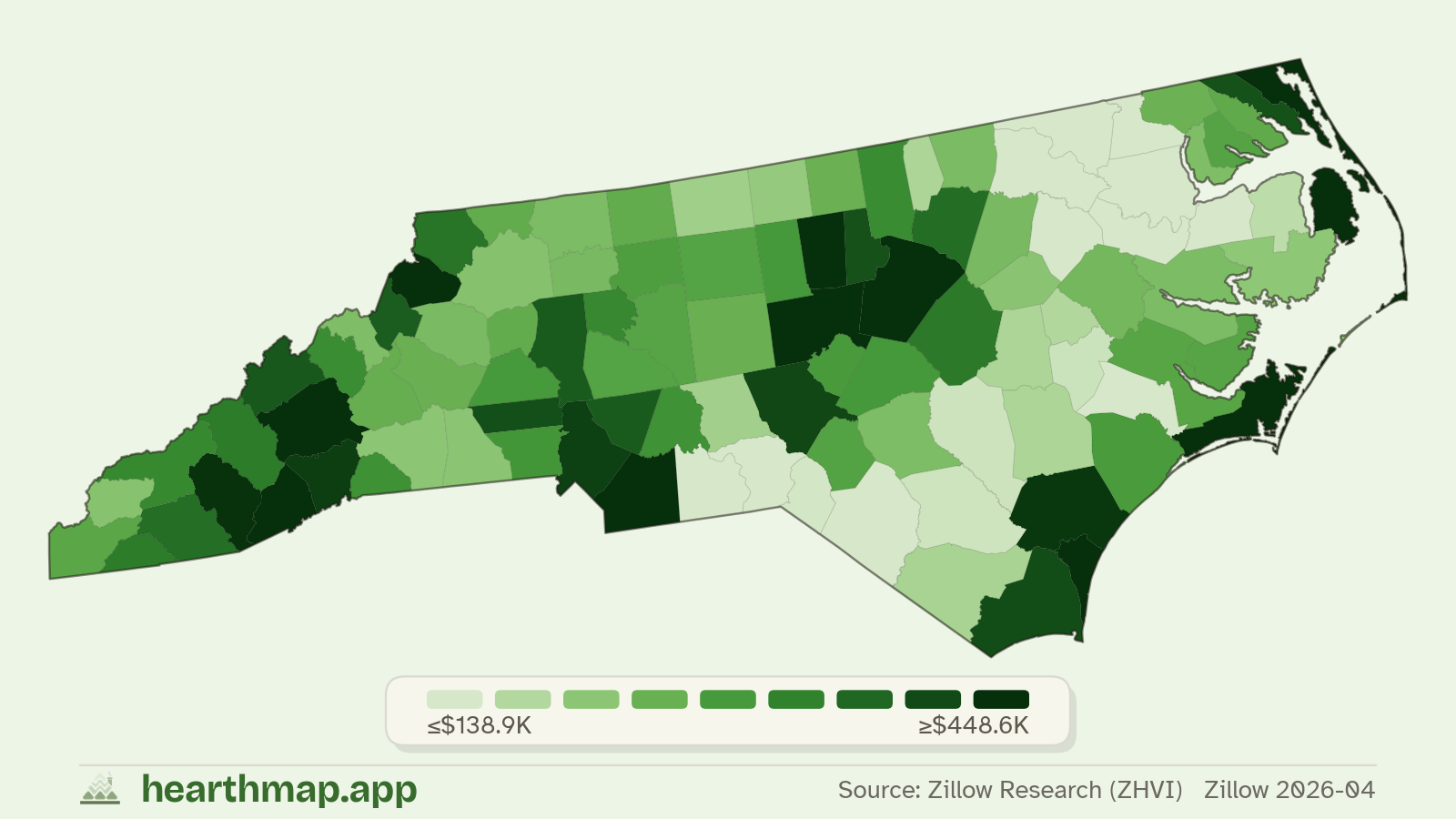 Choropleth map of median home price by county in North Carolina (Zillow 2026-06), by hearthmap