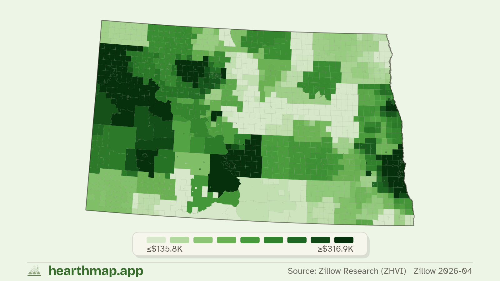 Choropleth map of median home price by town in North Dakota (Zillow 2026-06), by hearthmap