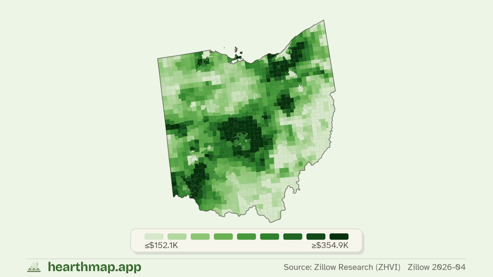 Choropleth map of median home price by town in Ohio (Zillow 2026-06), by hearthmap