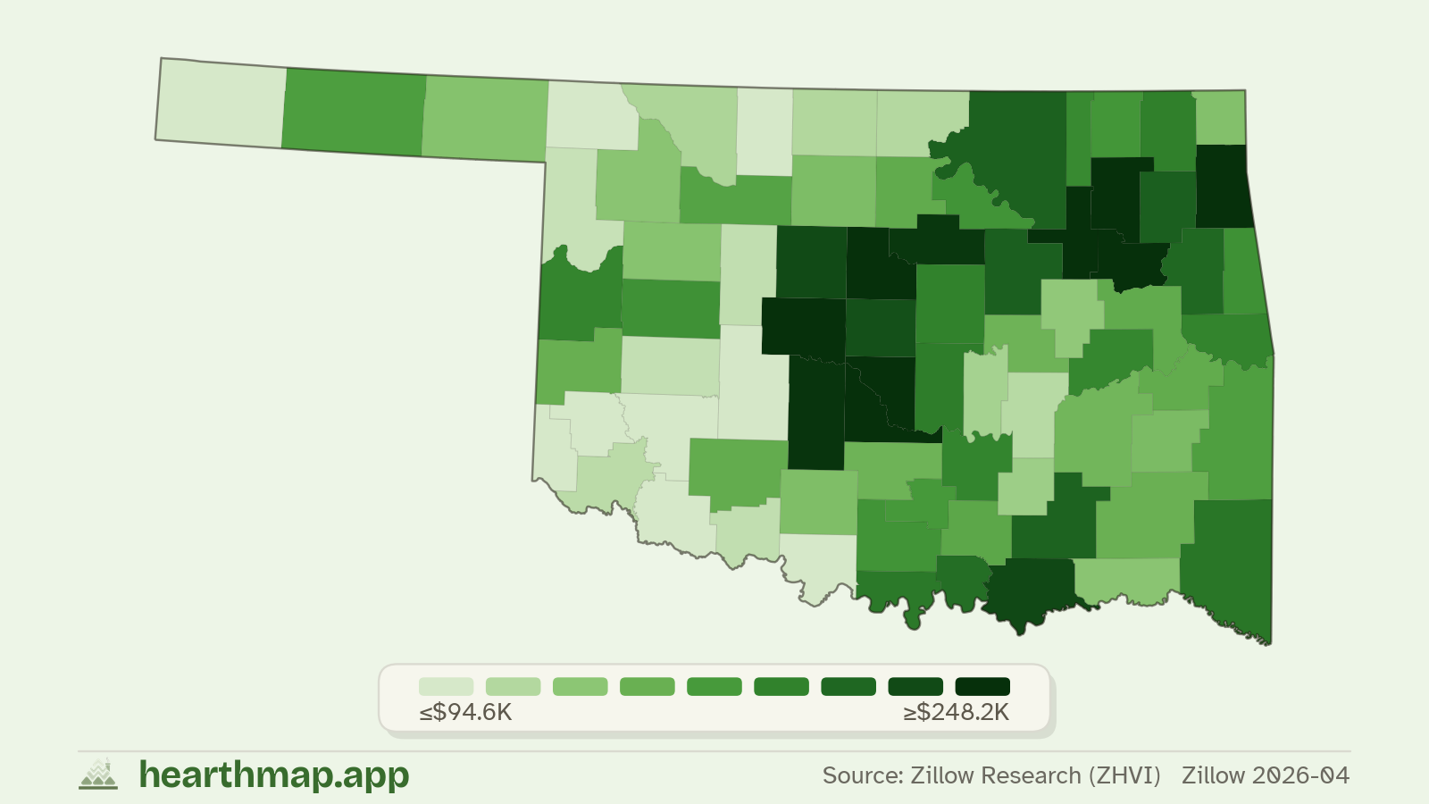 Choropleth map of median home price by county in Oklahoma (Zillow 2026-06), by hearthmap