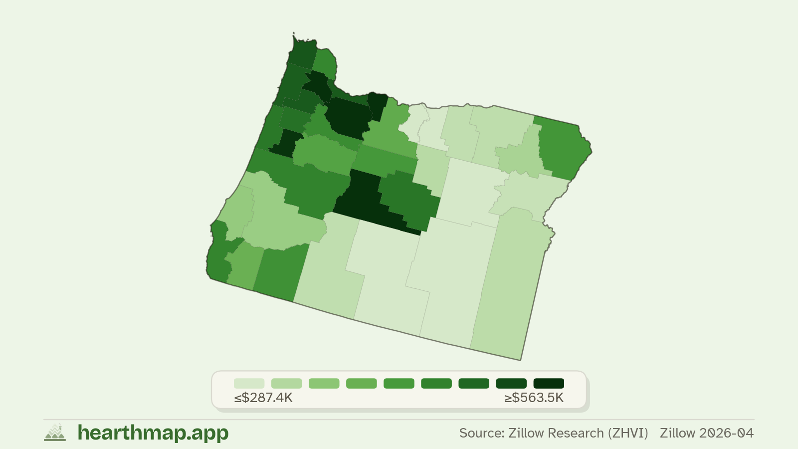 Choropleth map of median home price by county in Oregon (Zillow 2026-06), by hearthmap
