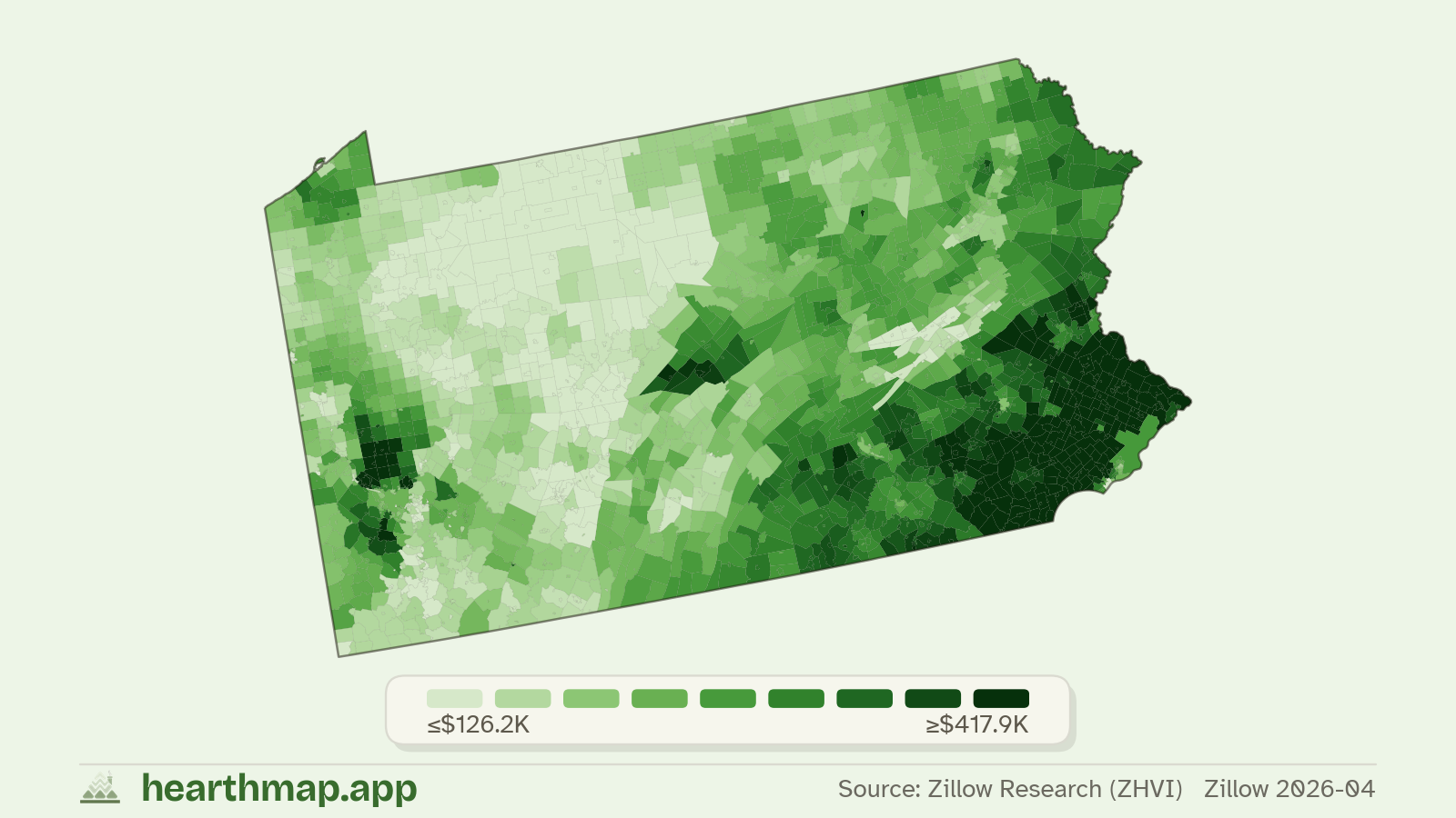 Choropleth map of median home price by town in Pennsylvania (Zillow 2026-06), by hearthmap