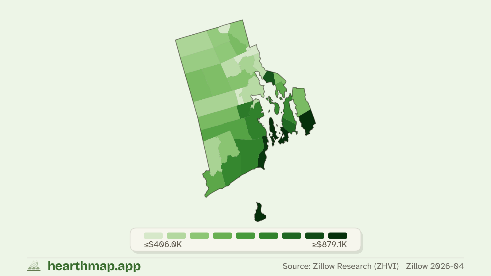 Choropleth map of median home price by town in Rhode Island (Zillow 2026-06), by hearthmap