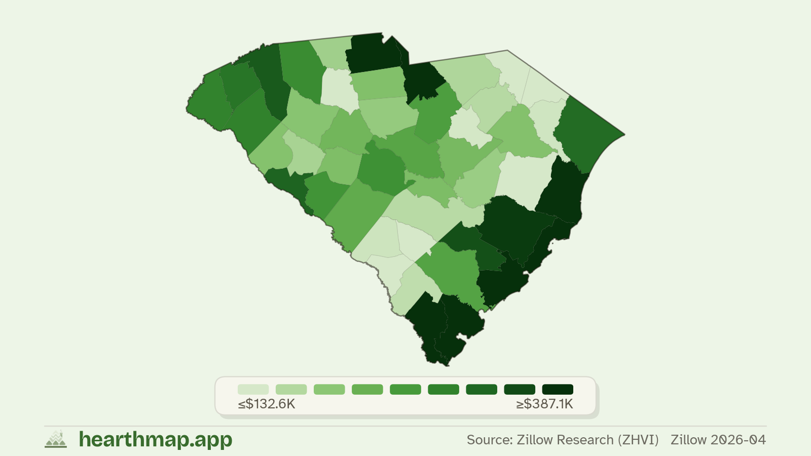 Choropleth map of median home price by county in South Carolina (Zillow 2026-06), by hearthmap