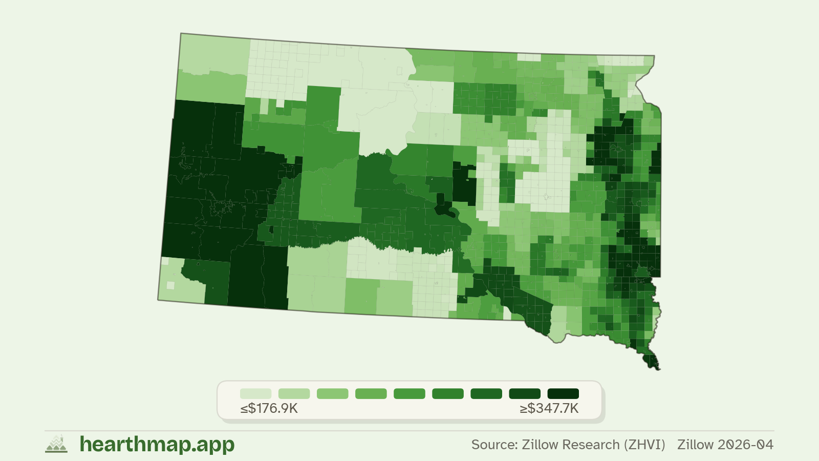 Choropleth map of median home price by town in South Dakota (Zillow 2026-06), by hearthmap