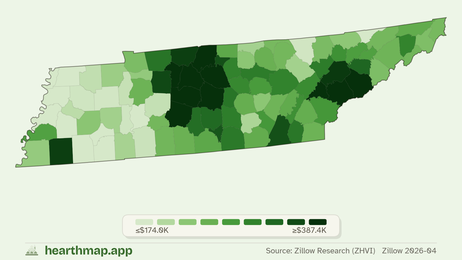 Choropleth map of median home price by county in Tennessee (Zillow 2026-06), by hearthmap