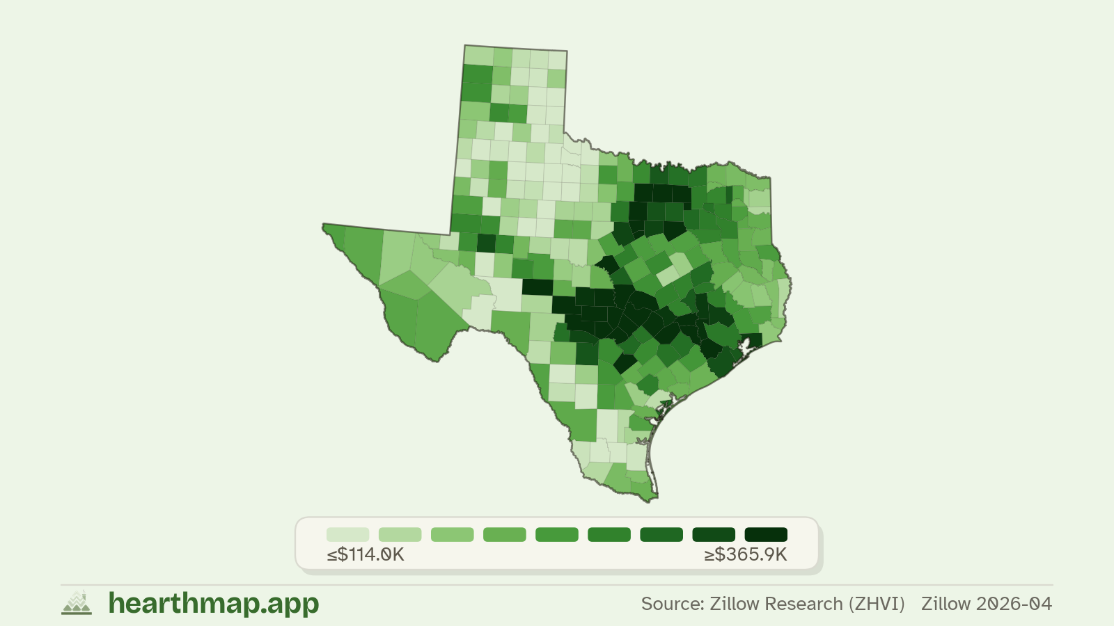 Choropleth map of median home price by county in Texas (Zillow 2026-06), by hearthmap