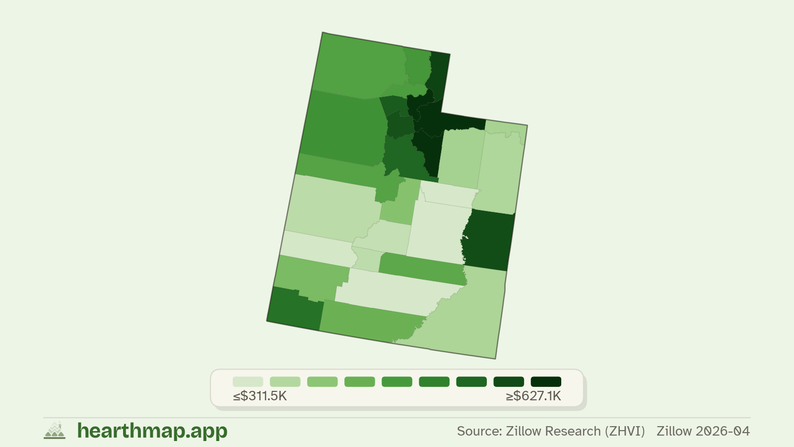 Choropleth map of median home price by county in Utah (Zillow 2026-06), by hearthmap