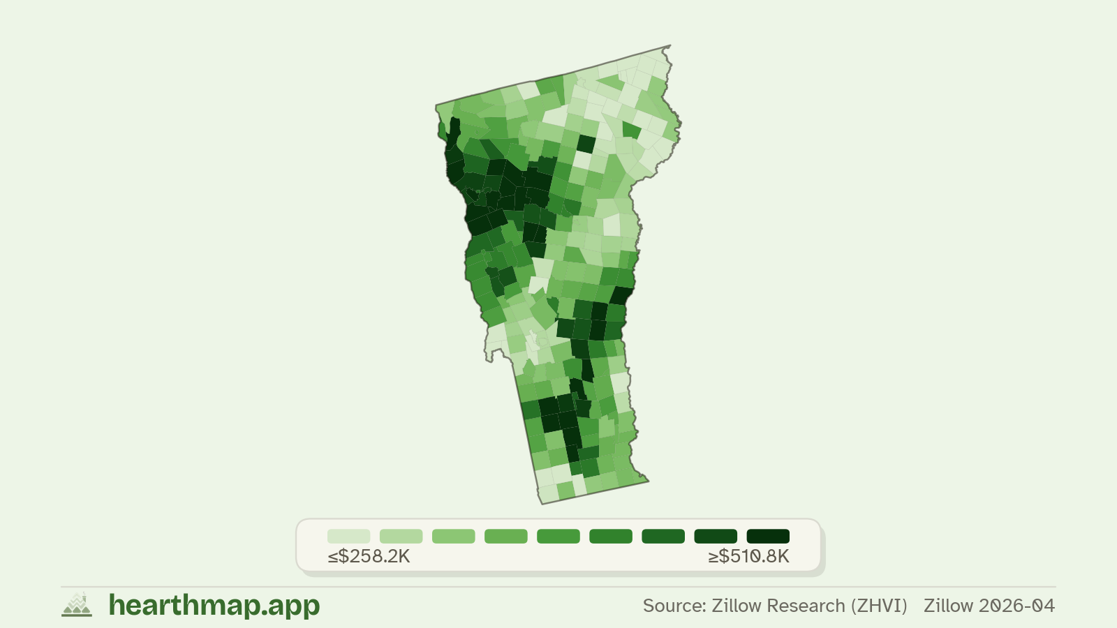 Choropleth map of median home price by town in Vermont (Zillow 2026-06), by hearthmap