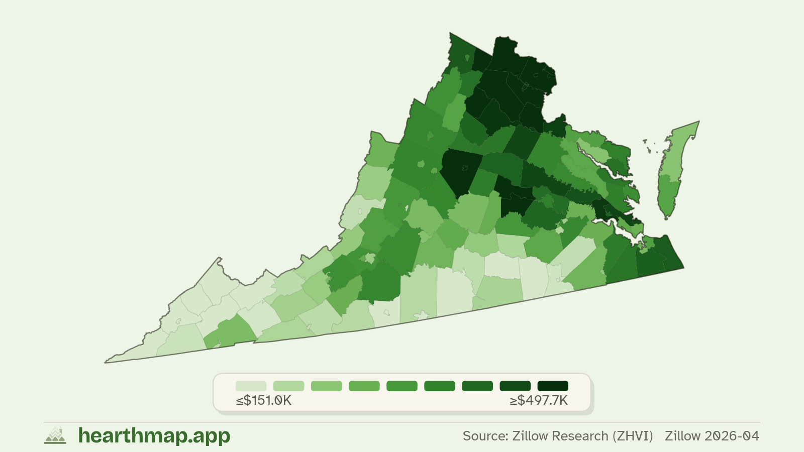 Choropleth map of median home price by county in Virginia (Zillow 2026-06), by hearthmap