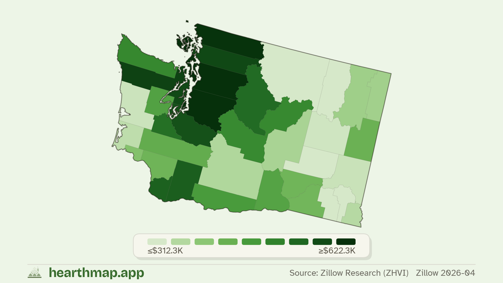 Choropleth map of median home price by county in Washington (Zillow 2026-06), by hearthmap