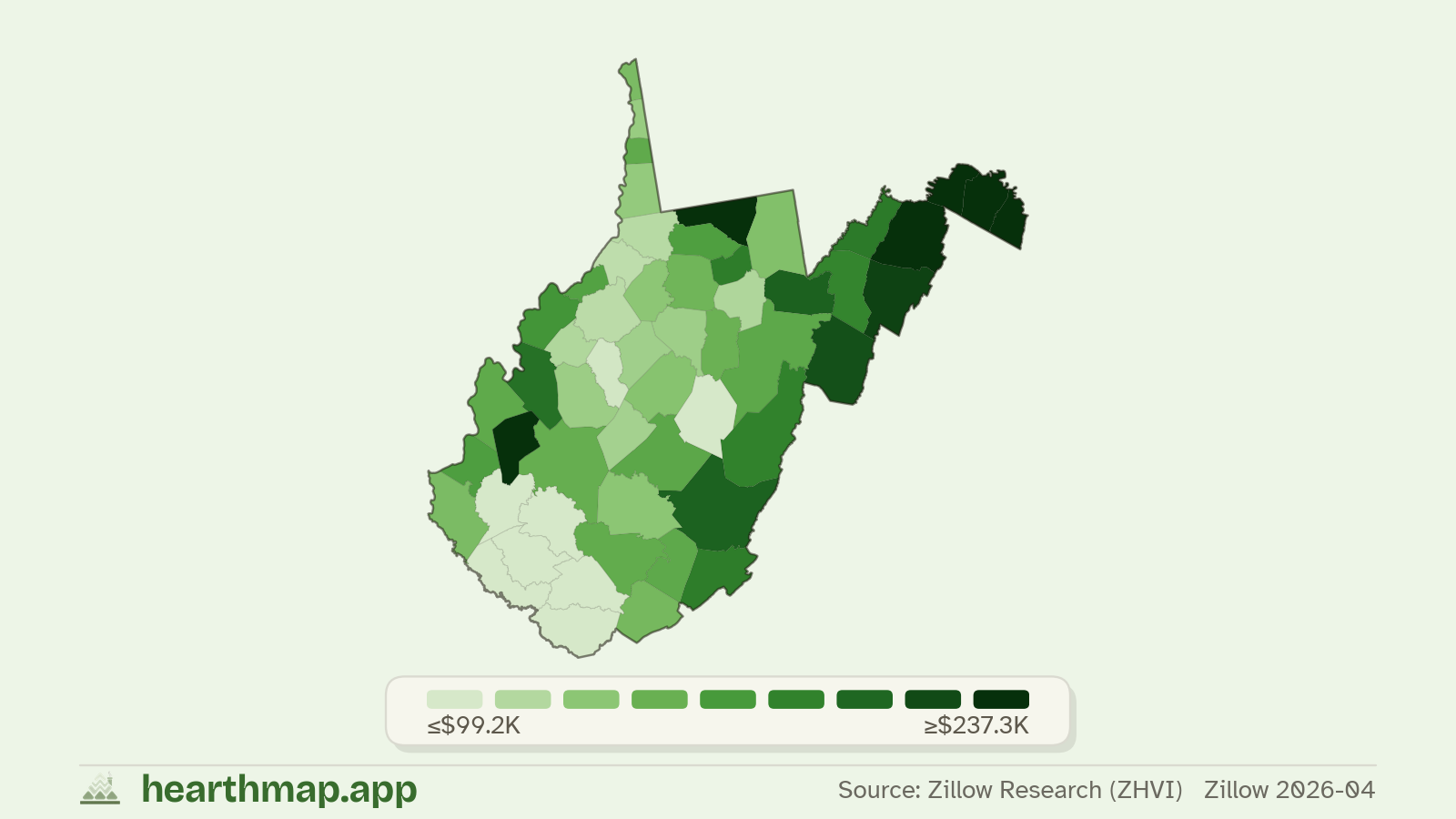Choropleth map of median home price by county in West Virginia (Zillow 2026-06), by hearthmap