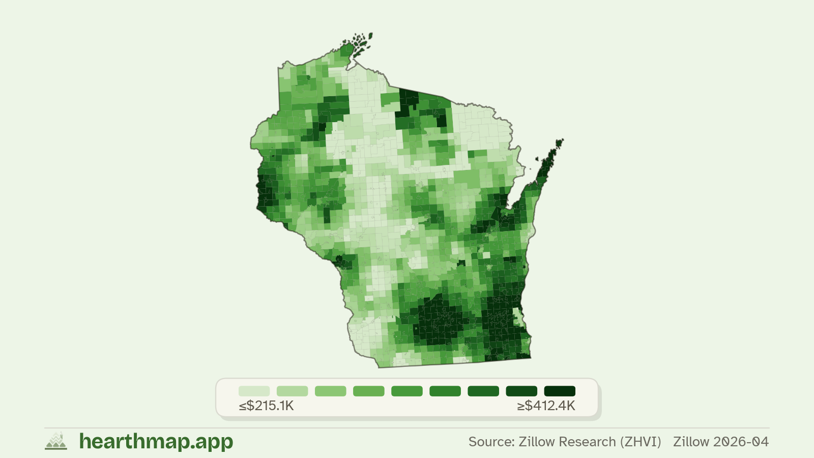 Choropleth map of median home price by town in Wisconsin (Zillow 2026-06), by hearthmap