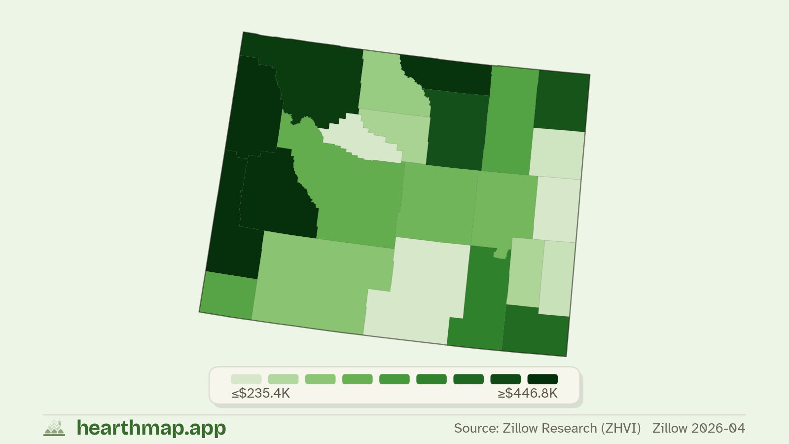 Choropleth map of median home price by county in Wyoming (Zillow 2026-06), by hearthmap
